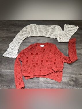 Patrons of Peace Coral Open-Knit Sweater Top and Beige mesh crochet shrug